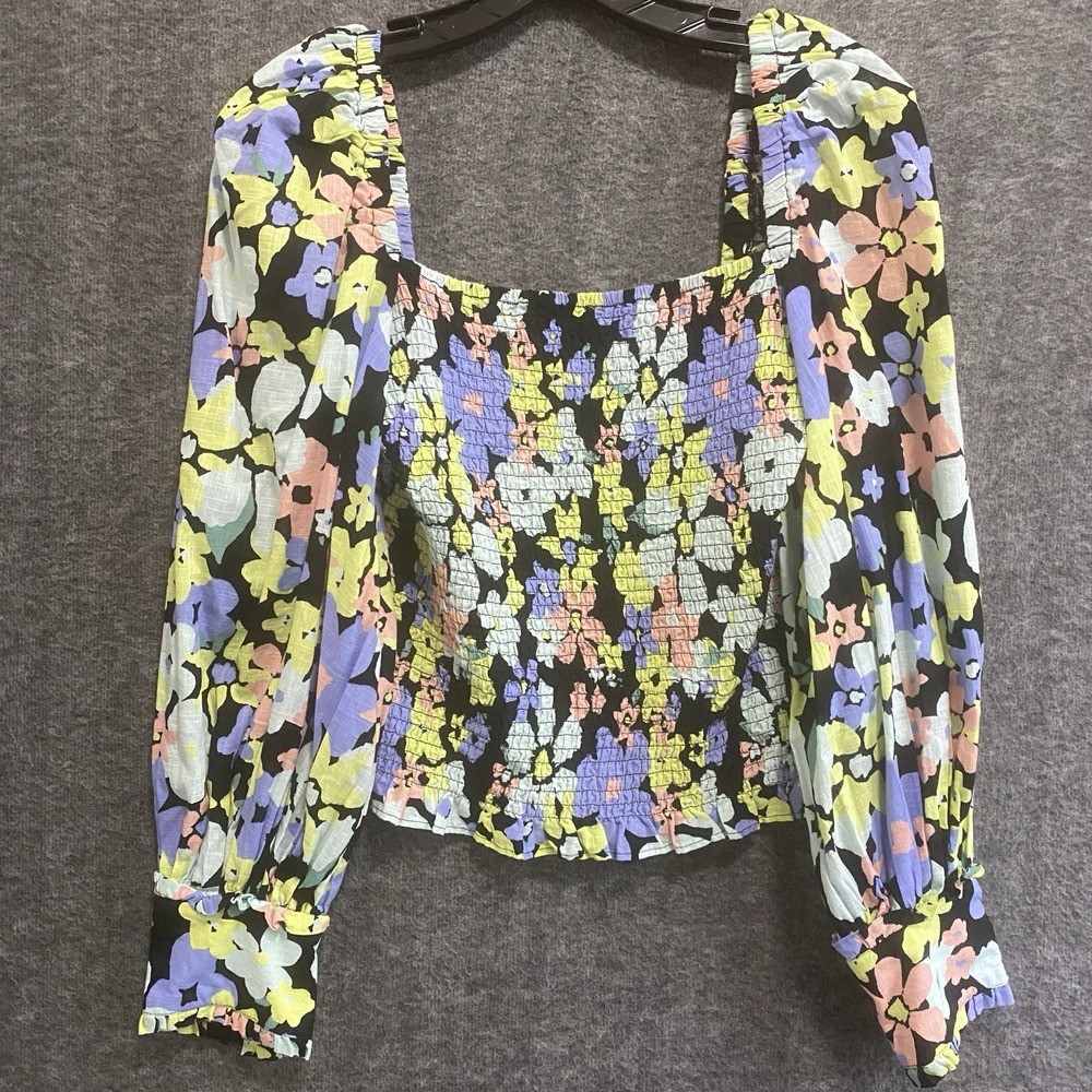 Free People Ariana Smocked Floral Top Small Cropped Boho Cottage Hippie Festival